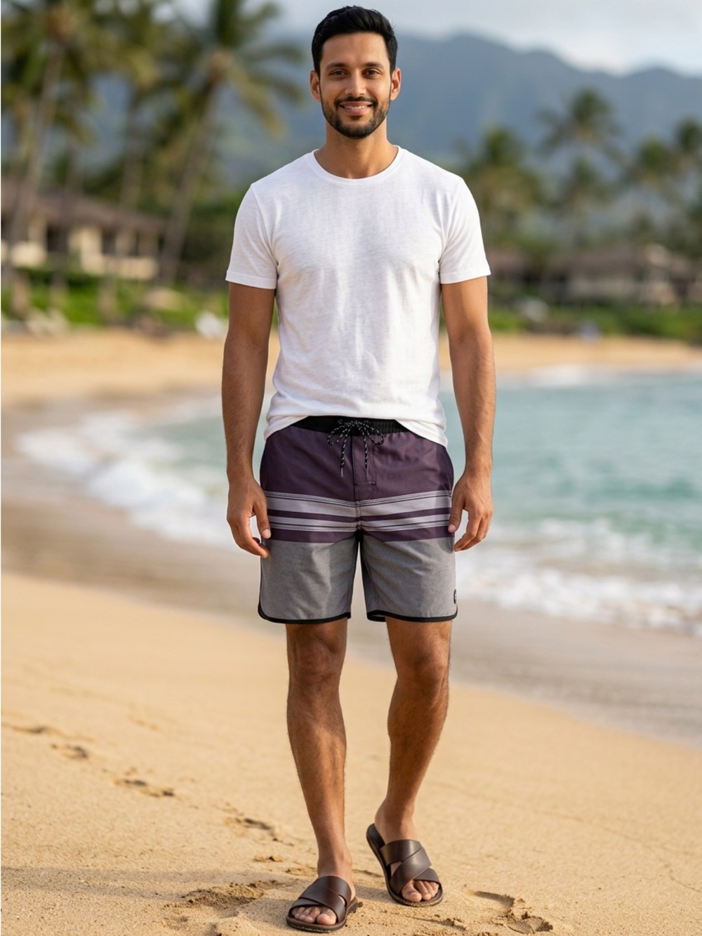 Tavik Purple and Light Gray Stripe Swim Shorts